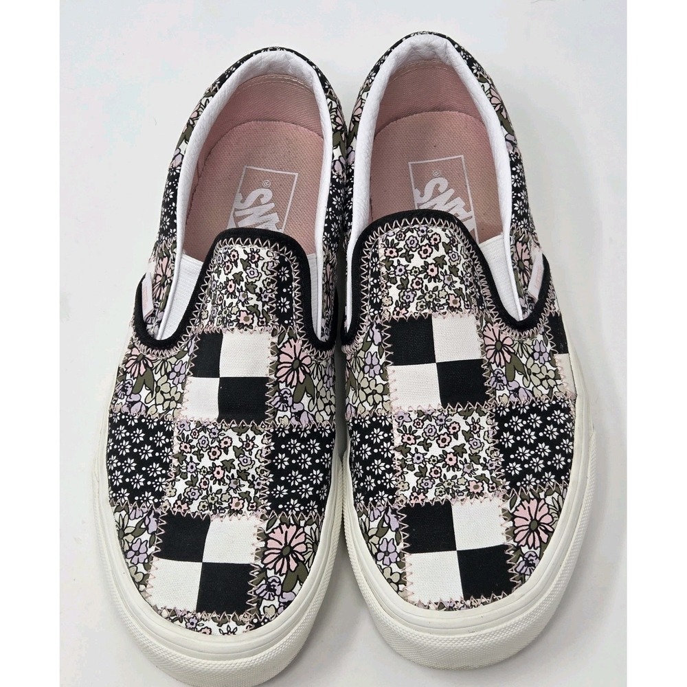 Vans Classic Slip-On Patchwork Floral Checkerboard Pink Black Mens 7 Womens 8.5